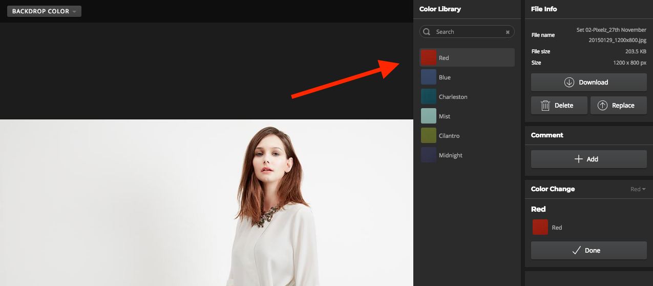 Selecting color swatch in online interface for color change